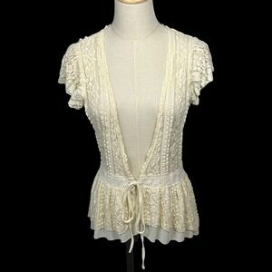A'reve Y2K Lace Deep V Tie Front Peplum Layering Top S Soft Romantic Boho Indie